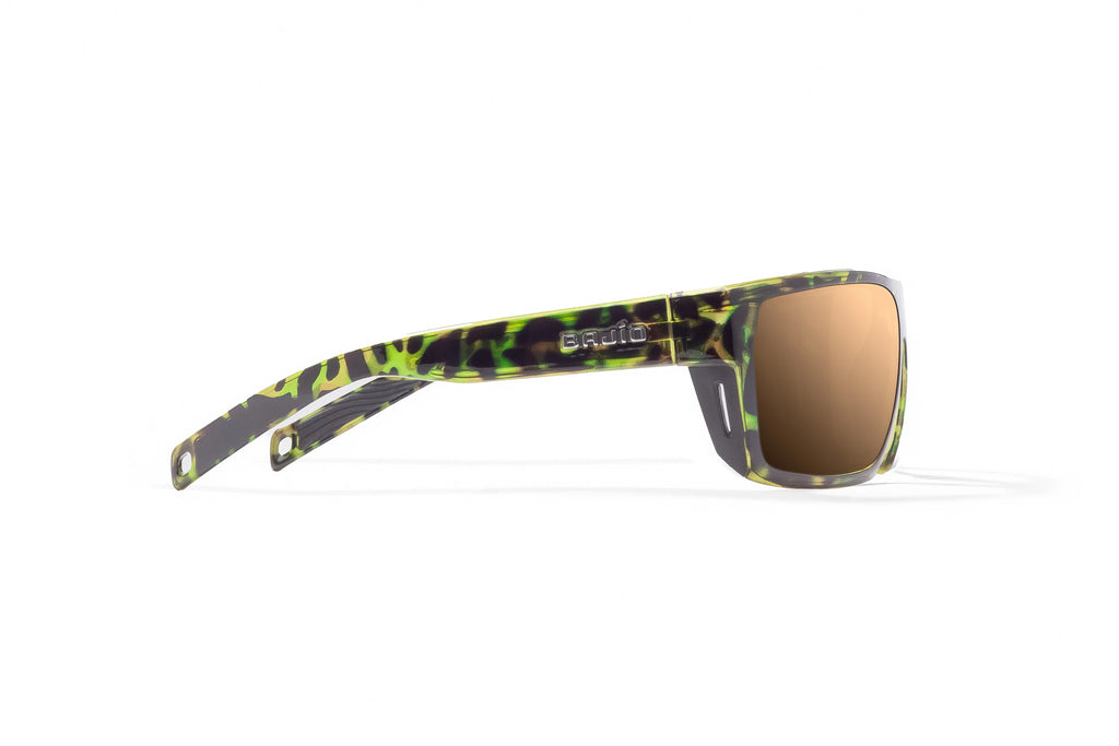 Side view of Green Rock Gloss Palometa Bajio tech angler sunglasses, bio-based nylon frames with copper polarized lenses, full wrap, medium fit, premium built in sun ledge and flex hinges, ideal for fishing and outdoor use.