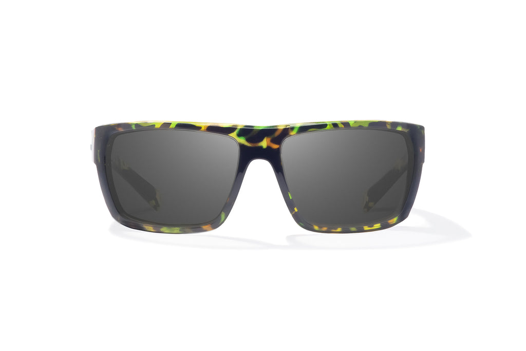 Front view of Green Rock Gloss Palometa Bajio tech angler sunglasses, bio-based nylon frames with gray polarized lenses, full wrap, medium fit, premium built in sun ledge and flex hinges, ideal for fishing and outdoor use.