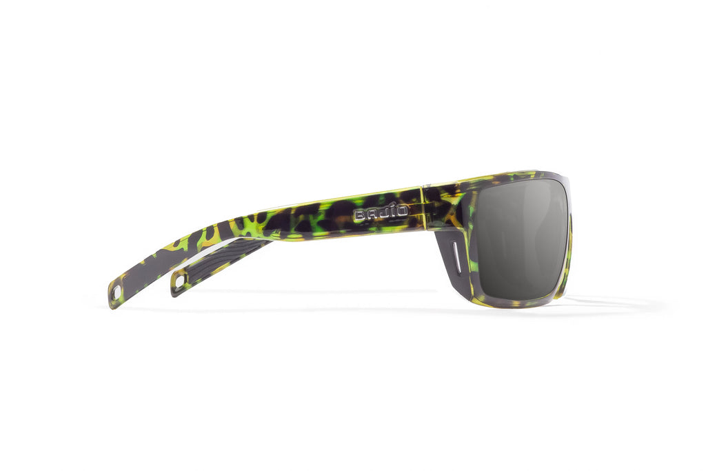 Side view of Green Rock Gloss Palometa Bajio tech angler sunglasses, bio-based nylon frames with gray polarized lenses, full wrap, medium fit, premium built in sun ledge and flex hinges, ideal for fishing and outdoor use.