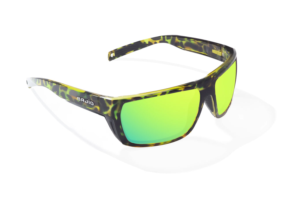 Angled view of Green Rock Gloss Palometa Bajio tech angler sunglasses, bio-based nylon frames with green mirror polarized lenses, full wrap, medium fit, premium built in sun ledge and flex hinges, ideal for fishing and outdoor use.
