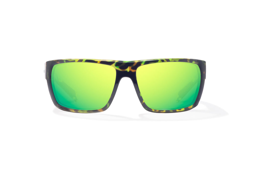 Front view of Green Rock Gloss Palometa Bajio tech angler sunglasses, bio-based nylon frames with green mirror polarized lenses, full wrap, medium fit, premium built in sun ledge and flex hinges, ideal for fishing and outdoor use.