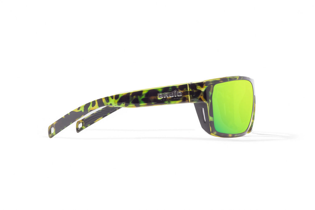 Side view of Green Rock Gloss Palometa Bajio tech angler sunglasses, bio-based nylon frames with green mirror polarized lenses, full wrap, medium fit, premium built in sun ledge and flex hinges, ideal for fishing and outdoor use.