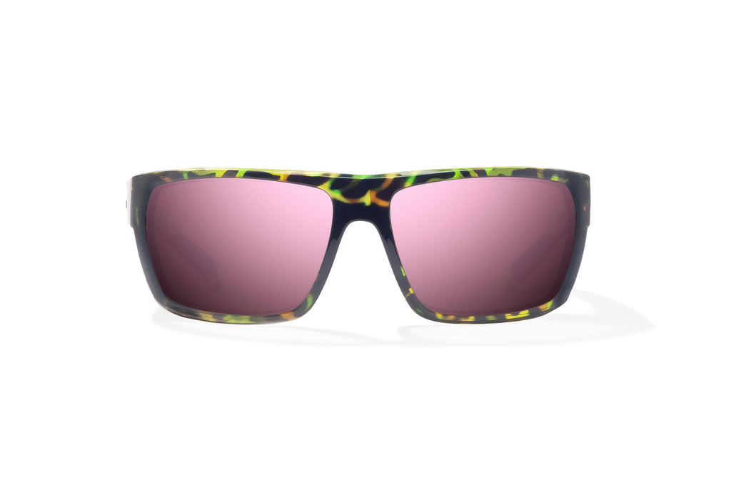 Front view of Green Rock Gloss Palometa Bajio tech angler sunglasses, bio-based nylon frames with rose mirror polarized lenses, full wrap, medium fit, premium built in sun ledge and flex hinges, ideal for fishing and outdoor use.