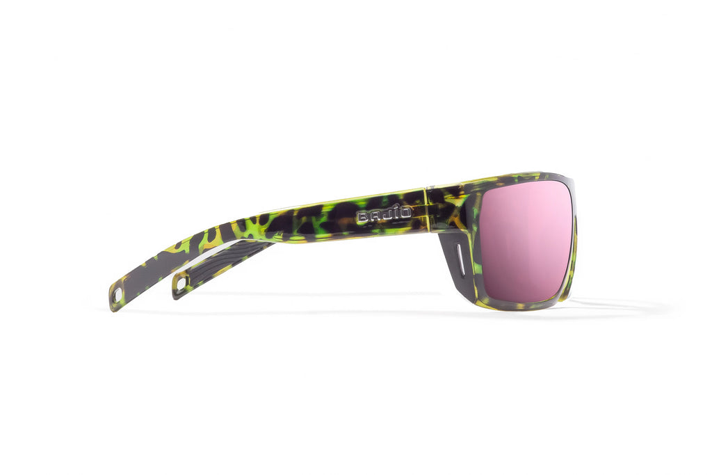 Side view of Green Rock Gloss Palometa Bajio tech angler sunglasses, bio-based nylon frames with rose mirror polarized lenses, full wrap, medium fit, premium built in sun ledge and flex hinges, ideal for fishing and outdoor use.