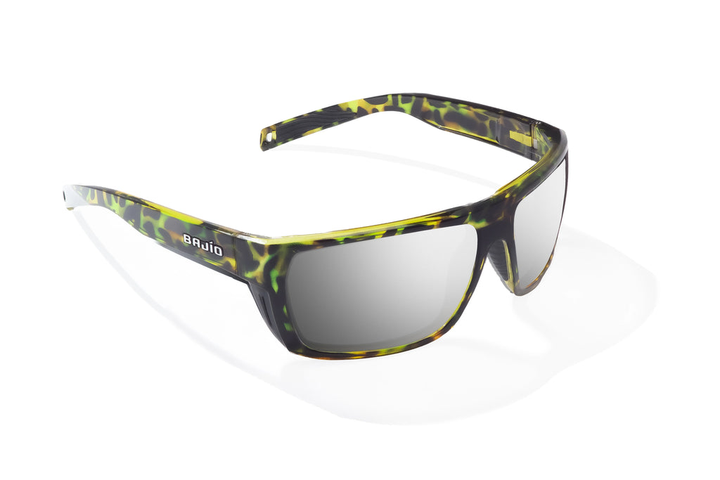 Angled view of Green Rock Gloss Palometa Bajio tech angler sunglasses, bio-based nylon frames with silver mirror polarized lenses, full wrap, medium fit, premium built in sun ledge and flex hinges, ideal for fishing and outdoor use.