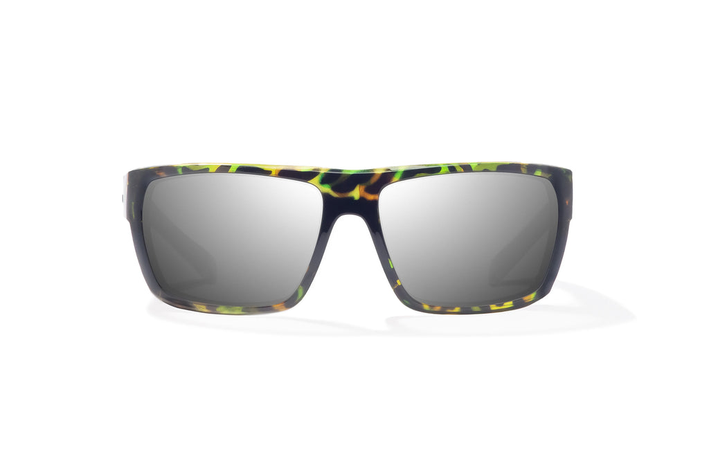 Front view of Green Rock Gloss Palometa Bajio tech angler sunglasses, bio-based nylon frames with silver mirror polarized lenses, full wrap, medium fit, premium built in sun ledge and flex hinges, ideal for fishing and outdoor use.