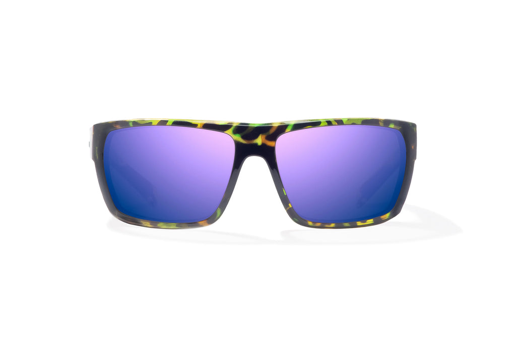 Front view of Green Rock Gloss Palometa Bajio tech angler sunglasses, bio-based nylon frames with violet mirror polarized lenses, full wrap, medium fit, premium built in sun ledge and flex hinges, ideal for fishing and outdoor use.