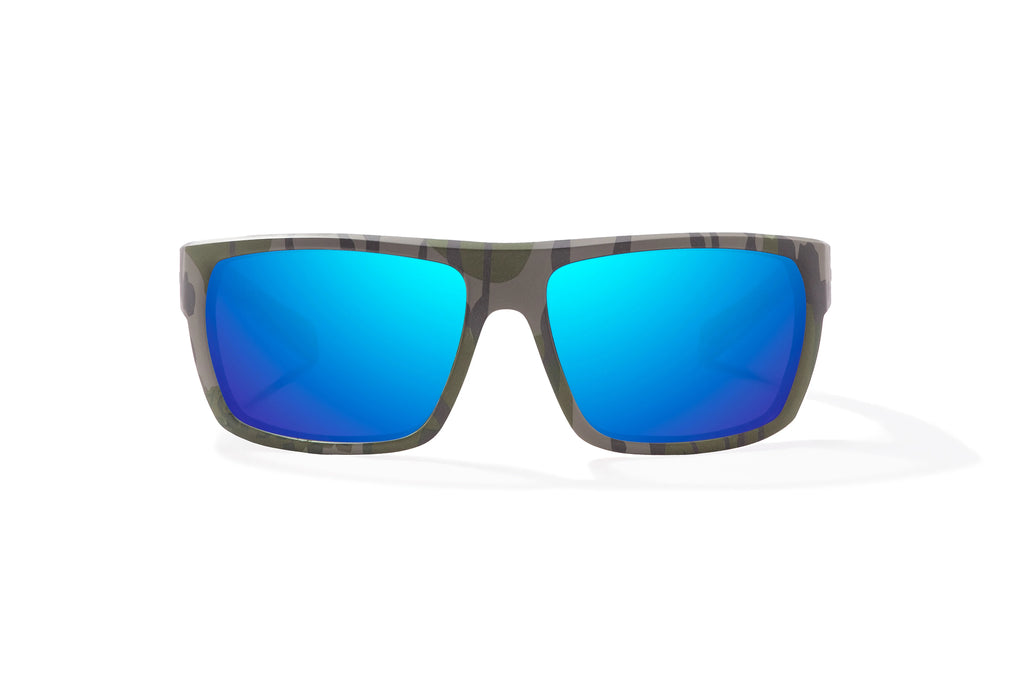 Front view of Army Green Bottomlands Palometa in collaboration with Mossy Oak x Bajio tech angler sunglasses, bio-based nylon frames with blue mirror polarized lenses, full wrap, medium fit, premium built in sun ledge and flex hinges, ideal for fishing and outdoor use.
