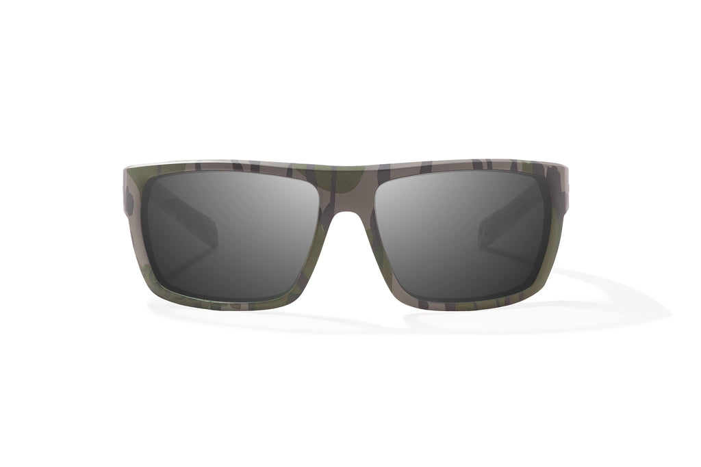 Front view of Army Green Bottomlands Palometa in collaboration with Mossy Oak x Bajio tech angler sunglasses, bio-based nylon frames with gray polarized lenses, full wrap, medium fit, premium built in sun ledge and flex hinges, ideal for fishing and outdoor use.