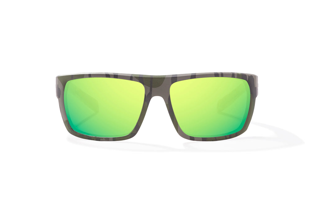 Front view of Army Green Bottomlands Palometa in collaboration with Mossy Oak x Bajio tech angler sunglasses, bio-based nylon frames with green mirror polarized lenses, full wrap, medium fit, premium built in sun ledge and flex hinges, ideal for fishing and outdoor use.