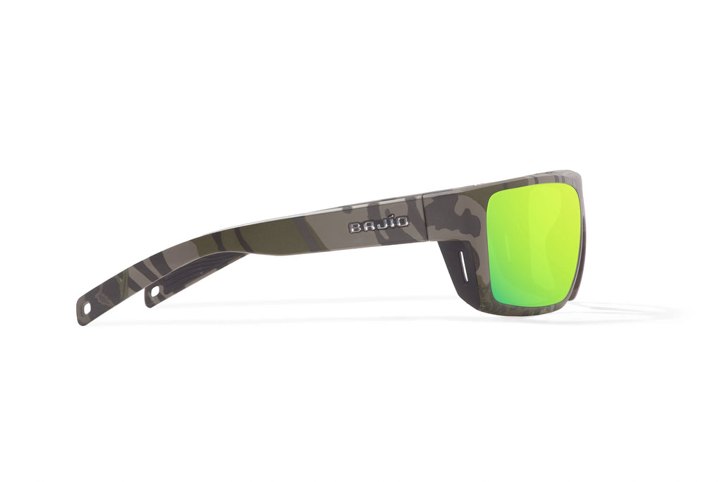 Side view of Army Green Bottomlands Palometa in collaboration with Mossy Oak x Bajio tech angler sunglasses, bio-based nylon frames with green mirror polarized lenses, full wrap, medium fit, premium built in sun ledge and flex hinges, ideal for fishing and outdoor use.