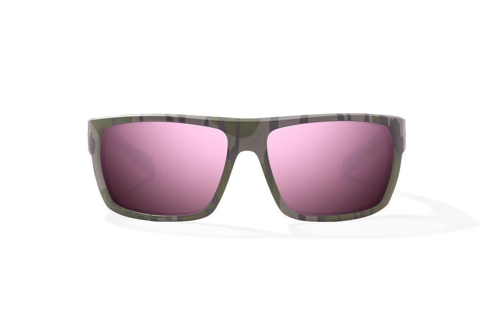 Front view of Army Green Bottomlands Palometa in collaboration with Mossy Oak x Bajio tech angler sunglasses, bio-based nylon frames with rose mirror polarized lenses, full wrap, medium fit, premium built in sun ledge and flex hinges, ideal for fishing and outdoor use.