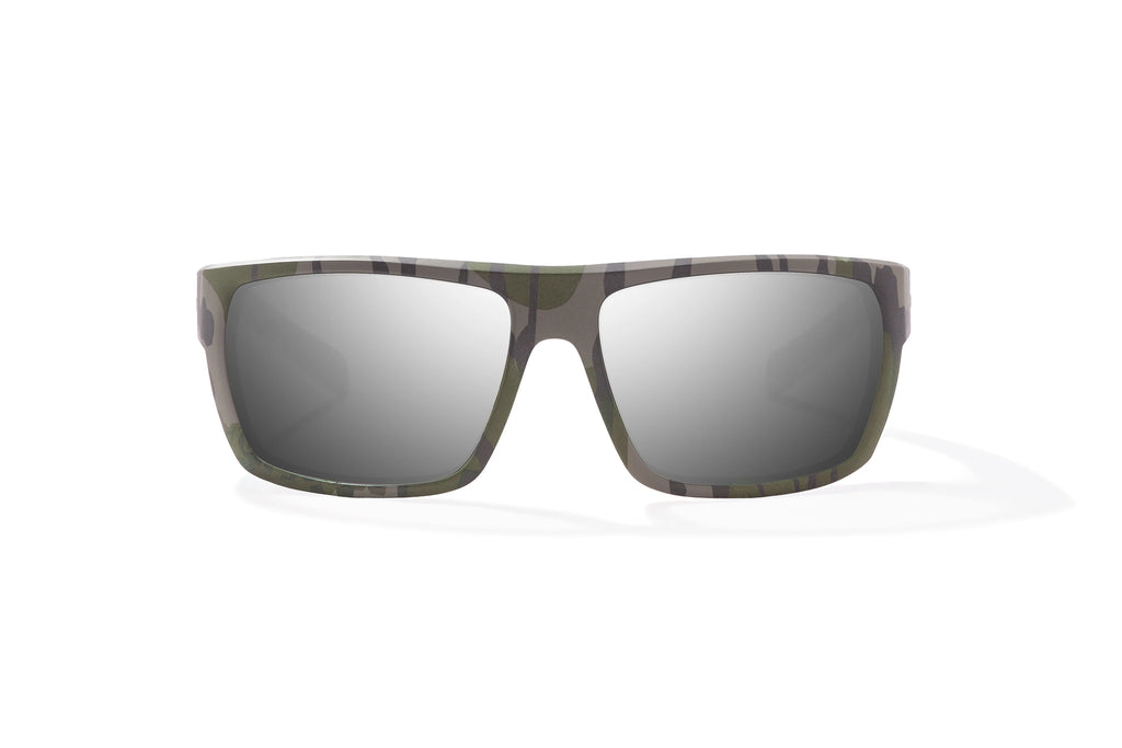 Front view of Army Green Bottomlands Palometa in collaboration with Mossy Oak x Bajio tech angler sunglasses, bio-based nylon frames with silver mirror polarized lenses, full wrap, medium fit, premium built in sun ledge and flex hinges, ideal for fishing and outdoor use.
