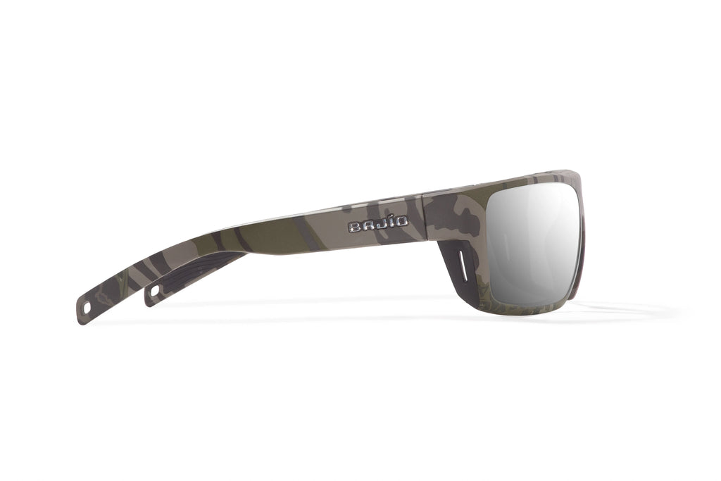Side view of Army Green Bottomlands Palometa in collaboration with Mossy Oak x Bajio tech angler sunglasses, bio-based nylon frames with silver mirror polarized lenses, full wrap, medium fit, premium built in sun ledge and flex hinges, ideal for fishing and outdoor use.