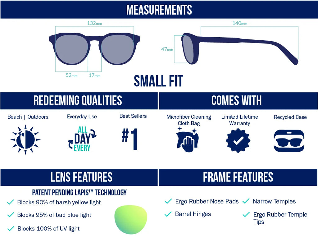 Small fit polarized sunglasses with LAPIS™ lenses that block 90% yellow light, 95% blue light, and 100% UV. Perfect for beach, outdoor adventures, and everyday use. Lens colors like Violet, Rose, Silver, Copper, Green, Grey, and Blue are optimized for freshwater, saltwater, and sight fishing. Features rubber nose pads, temple tips, narrow temples, and barrel hinges. Includes microfiber cleaning cloth, recycled case, and lifetime warranty. 52mm lenses, 132mm frame.