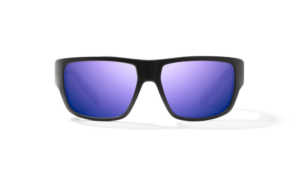 Front view of Black Matte Piedra Bajio wide body sunglasses, bio-based nylon frames with violet mirror polarized lenses, full wrap, medium fit, premium built in sun ledge and flex hinges, ideal for fishing and outdoor use.