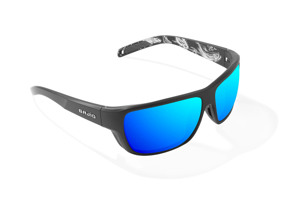 Angled view of Black Matte - Temples of Change Rigolets Bajio tech angler sunglasses, bio-based nylon frames with blue mirror polarized lenses, full wrap, small fit premium, built in sun ledge and flex hinges, ideal for fishing and outdoor use.