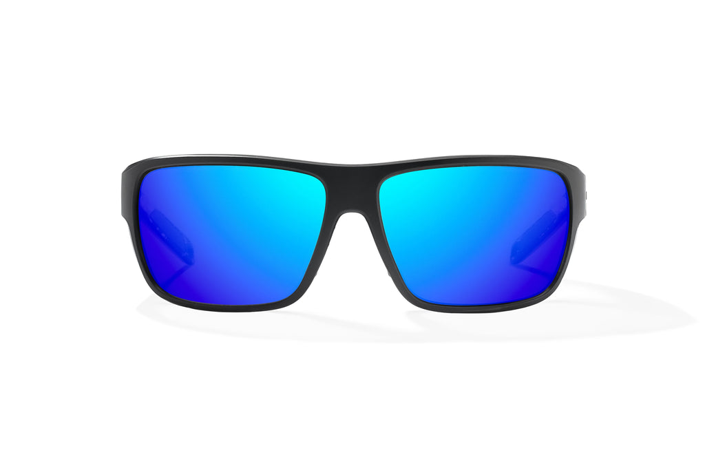 Front view of Black Matte - Temples of Change Rigolets Bajio tech angler sunglasses, bio-based nylon frames with blue mirror polarized lenses, full wrap, small fit premium, built in sun ledge and flex hinges, ideal for fishing and outdoor use.