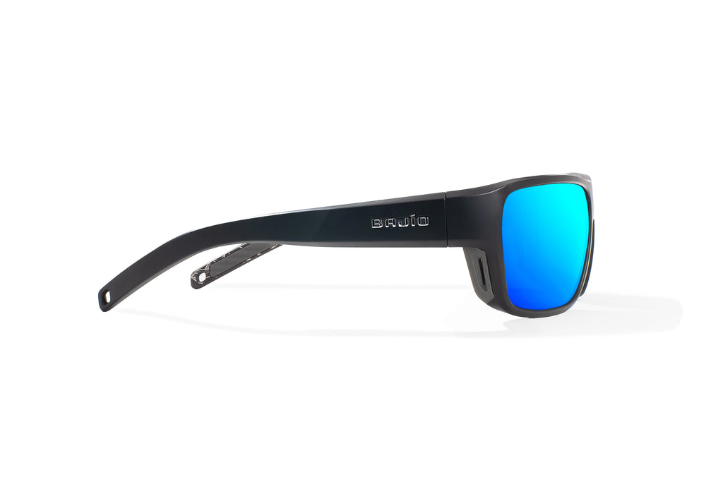 Side view of Black Matte - Temples of Change Rigolets Bajio tech angler sunglasses, bio-based nylon frames with blue mirror polarized lenses, full wrap, small fit premium, built in sun ledge and flex hinges, ideal for fishing and outdoor use.