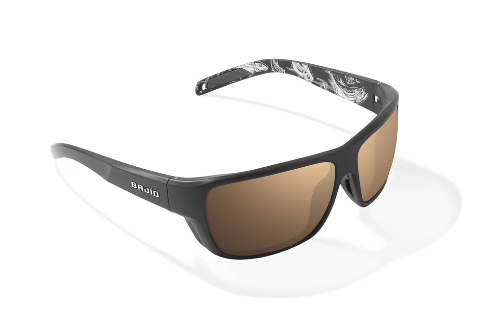 Angled view of Black Matte - Temples of Change Rigolets Bajio tech angler sunglasses, bio-based nylon frames with copper polarized lenses, full wrap, small fit premium, built in sun ledge and flex hinges, ideal for fishing and outdoor use.