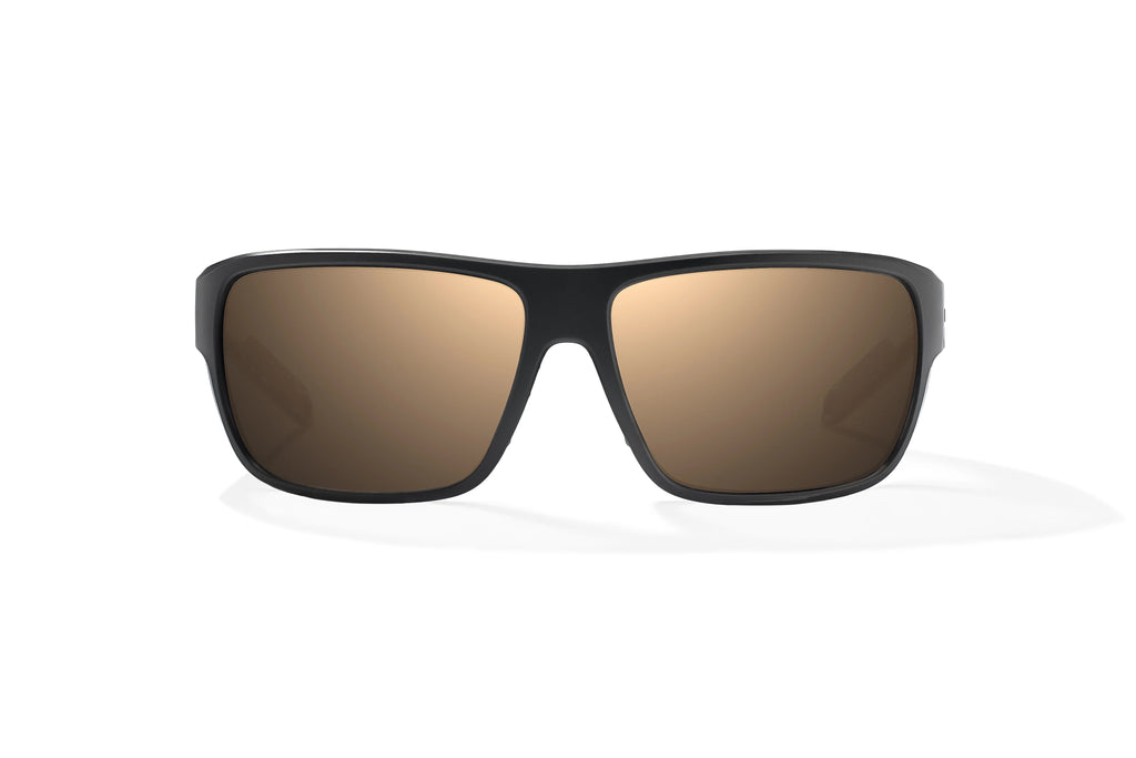 Front view of Black Matte - Temples of Change Rigolets Bajio tech angler sunglasses, bio-based nylon frames with copper polarized lenses, full wrap, small fit premium, built in sun ledge and flex hinges, ideal for fishing and outdoor use.