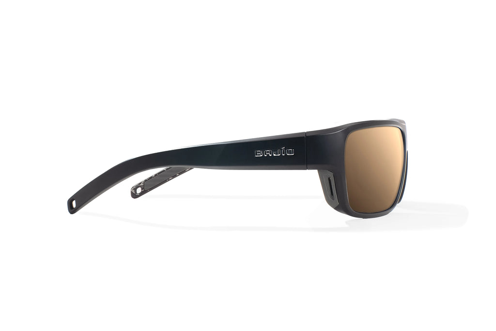 Side view of Black Matte - Temples of Change Rigolets Bajio tech angler sunglasses, bio-based nylon frames with copper polarized lenses, full wrap, small fit premium, built in sun ledge and flex hinges, ideal for fishing and outdoor use.