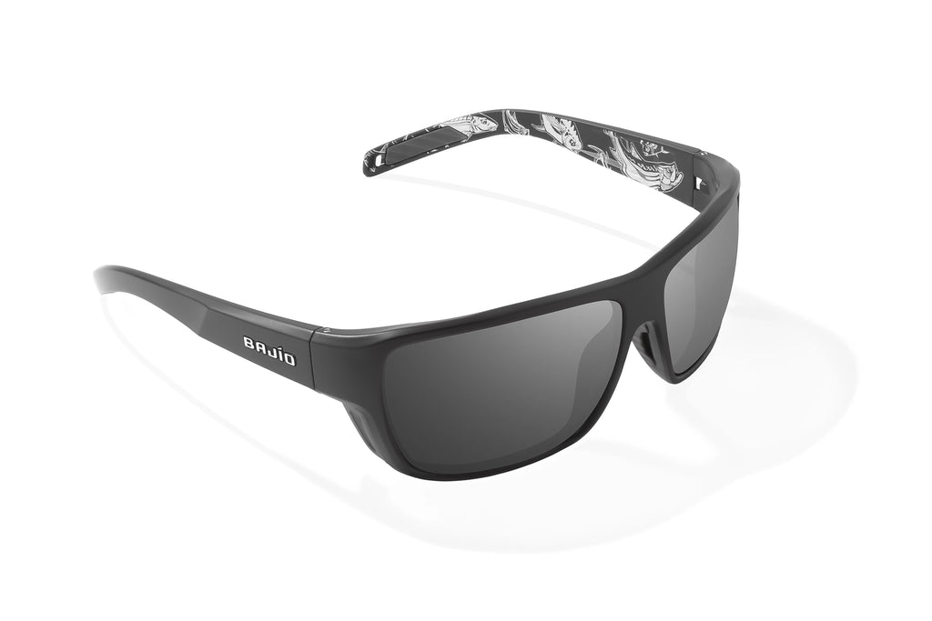 Angled view of Black Matte - Temples of Change Rigolets Bajio tech angler sunglasses, bio-based nylon frames with gray polarized lenses, full wrap, small fit premium, built in sun ledge and flex hinges, ideal for fishing and outdoor use.
