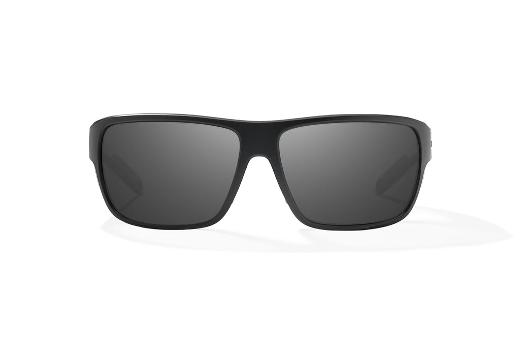 Front view of Black Matte - Temples of Change Rigolets Bajio tech angler sunglasses, bio-based nylon frames with gray polarized lenses, full wrap, small fit premium, built in sun ledge and flex hinges, ideal for fishing and outdoor use.