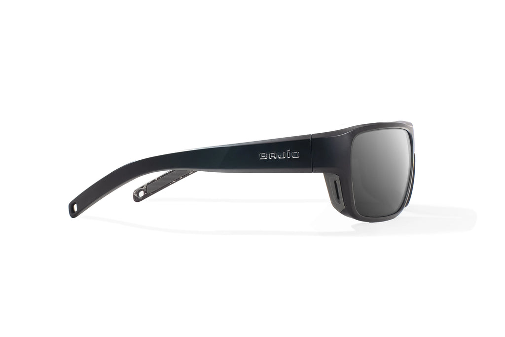 Side view of Black Matte - Temples of Change Rigolets Bajio tech angler sunglasses, bio-based nylon frames with gray polarized lenses, full wrap, small fit premium, built in sun ledge and flex hinges, ideal for fishing and outdoor use.
