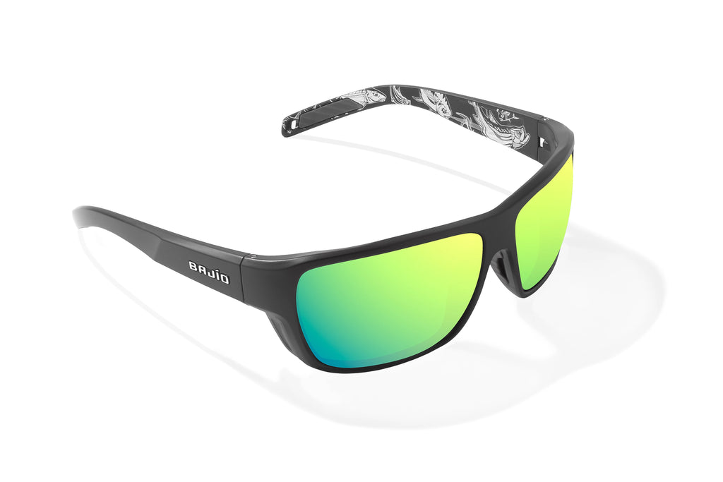 Angled view of Black Matte - Temples of Change Rigolets Bajio tech angler sunglasses, bio-based nylon frames with green mirror polarized lenses, full wrap, small fit premium, built in sun ledge and flex hinges, ideal for fishing and outdoor use.