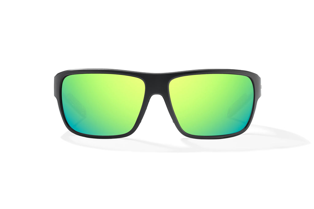 Front view of Black Matte - Temples of Change Rigolets Bajio tech angler sunglasses, bio-based nylon frames with green mirror polarized lenses, full wrap, small fit premium, built in sun ledge and flex hinges, ideal for fishing and outdoor use.