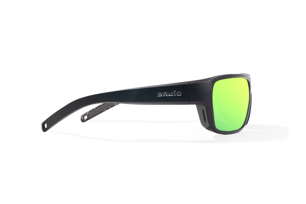 Side view of Black Matte - Temples of Change Rigolets Bajio tech angler sunglasses, bio-based nylon frames with green mirror polarized lenses, full wrap, small fit premium, built in sun ledge and flex hinges, ideal for fishing and outdoor use.