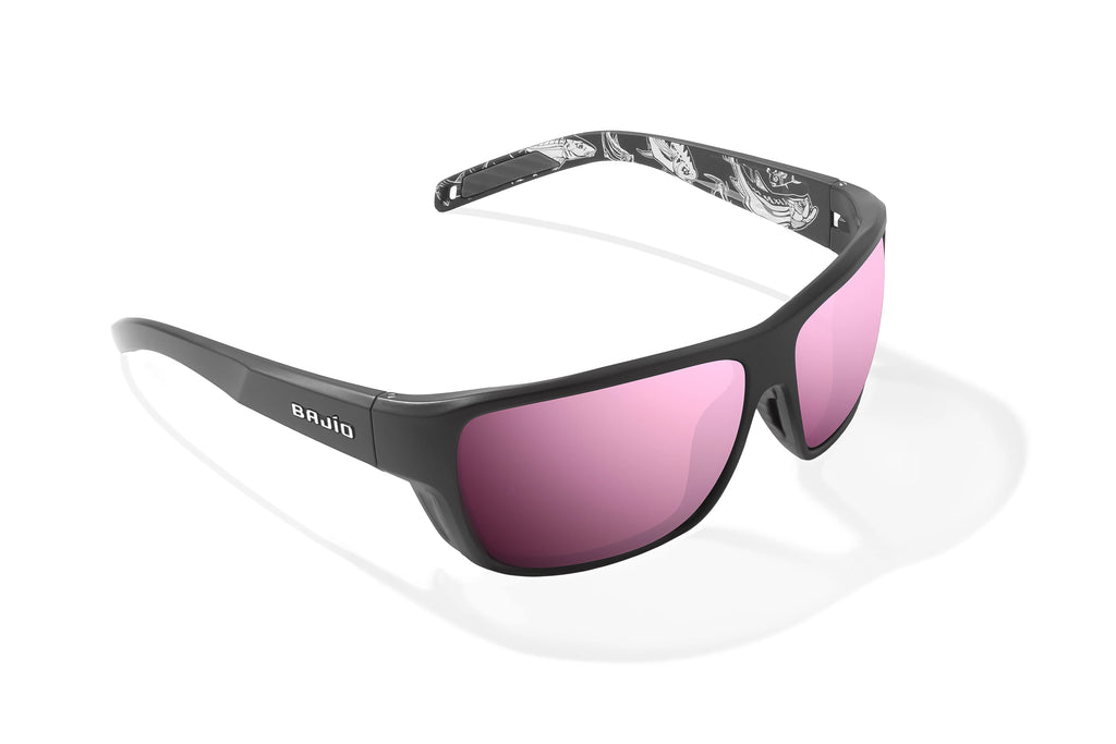 Angled view of Black Matte - Temples of Change Rigolets Bajio tech angler sunglasses, bio-based nylon frames with rose mirror polarized lenses, full wrap, small fit premium, built in sun ledge and flex hinges, ideal for fishing and outdoor use.