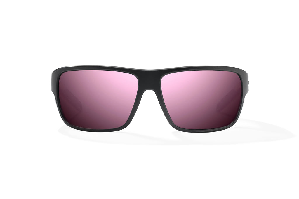 Front view of Black Matte - Temples of Change Rigolets Bajio tech angler sunglasses, bio-based nylon frames with rose mirror polarized lenses, full wrap, small fit premium, built in sun ledge and flex hinges, ideal for fishing and outdoor use.
