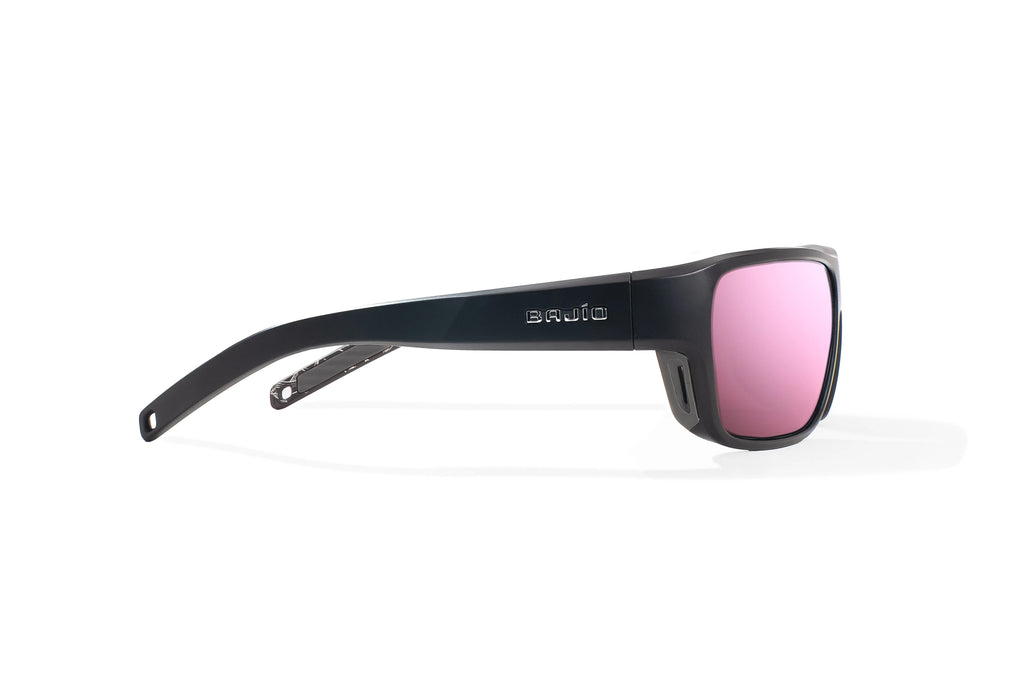 Side view of Black Matte - Temples of Change Rigolets Bajio tech angler sunglasses, bio-based nylon frames with rose mirror polarized lenses, full wrap, small fit premium, built in sun ledge and flex hinges, ideal for fishing and outdoor use.