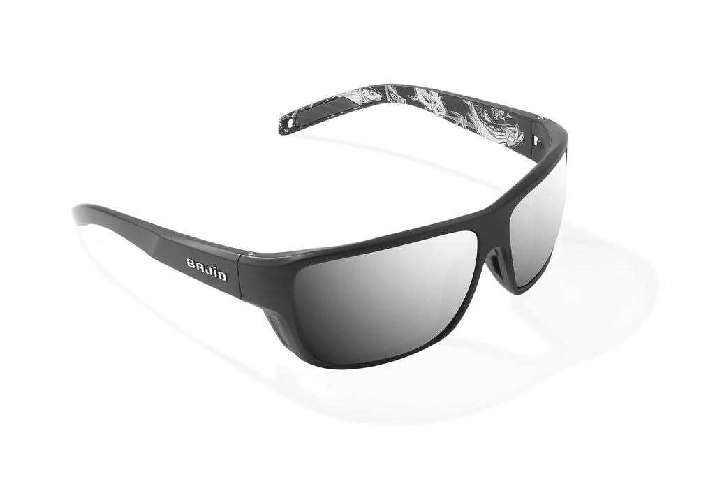 Angled view of Black Matte - Temples of Change Rigolets Bajio tech angler sunglasses, bio-based nylon frames with silver mirror polarized lenses, full wrap, small fit premium, built in sun ledge and flex hinges, ideal for fishing and outdoor use.