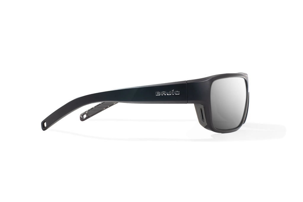 Side view of Black Matte - Temples of Change Rigolets Bajio tech angler sunglasses, bio-based nylon frames with silver mirror polarized lenses, full wrap, small fit premium, built in sun ledge and flex hinges, ideal for fishing and outdoor use.