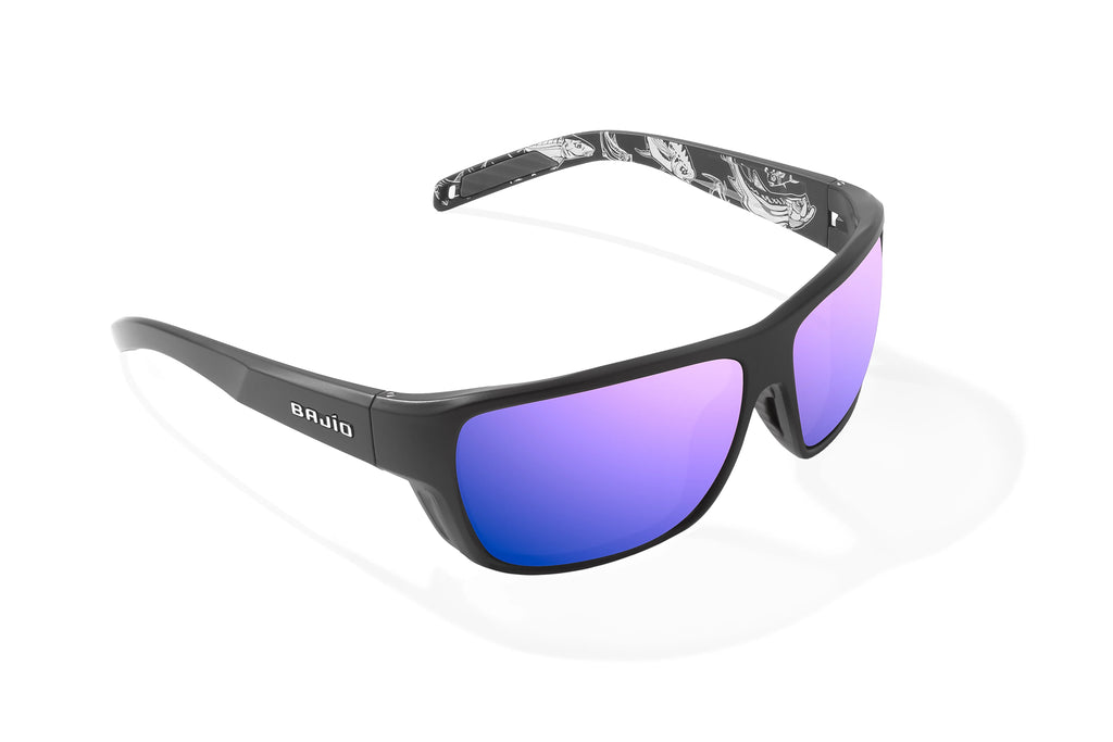 Angled view of Black Matte - Temples of Change Rigolets Bajio tech angler sunglasses, bio-based nylon frames with violet mirror polarized lenses, full wrap, small fit premium, built in sun ledge and flex hinges, ideal for fishing and outdoor use.