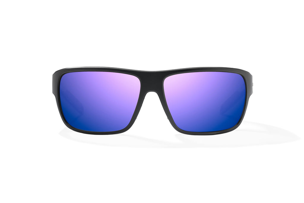 Front view of Black Matte - Temples of Change Rigolets Bajio tech angler sunglasses, bio-based nylon frames with violet mirror polarized lenses, full wrap, small fit premium, built in sun ledge and flex hinges, ideal for fishing and outdoor use.