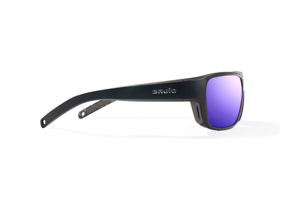 Side view of Black Matte - Temples of Change Rigolets Bajio tech angler sunglasses, bio-based nylon frames with violet mirror polarized lenses, full wrap, small fit premium, built in sun ledge and flex hinges, ideal for fishing and outdoor use.