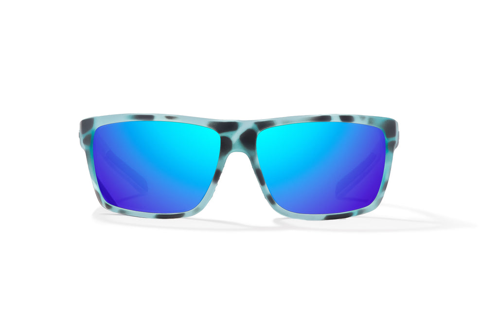 Front view of Light Blue Water Matte Sigs Bajio tight line sunglasses, bio-based nylon frames with blue mirror polarized lenses, full wrap, medium fit, premium built in sun ledge and flex hinges, ideal for fishing and outdoor use.