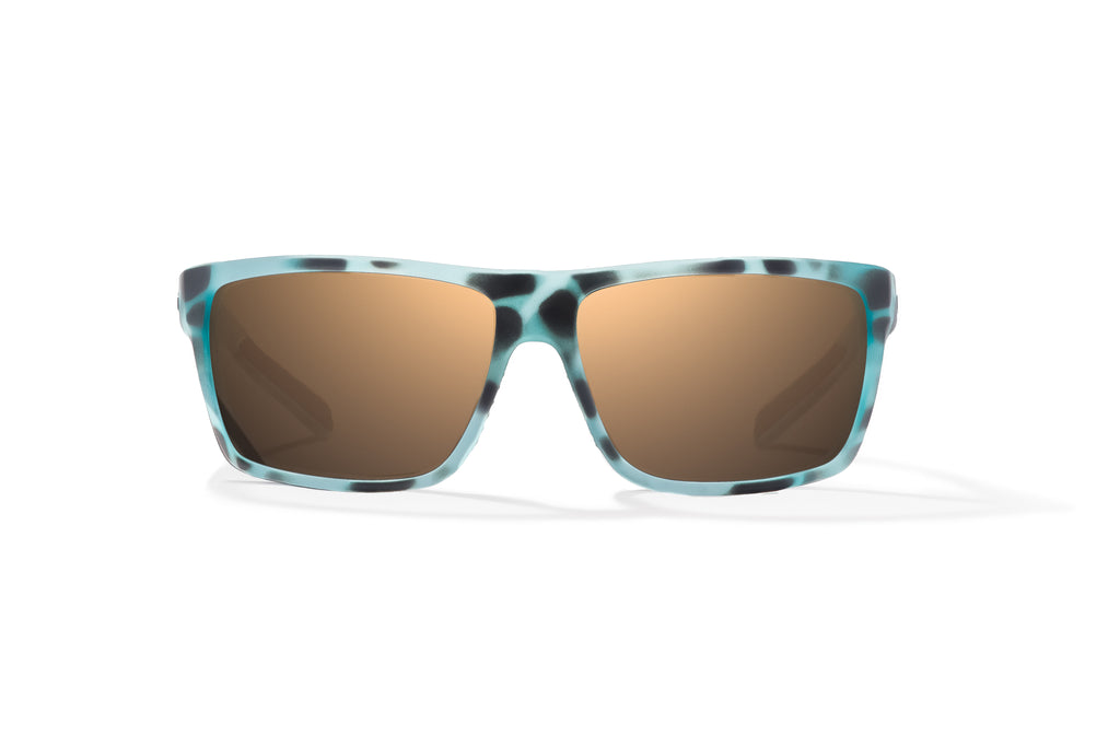 Front view of Light Blue Water Matte Sigs Bajio tight line sunglasses, bio-based nylon frames with copper polarized lenses, full wrap, medium fit, premium built in sun ledge and flex hinges, ideal for fishing and outdoor use.