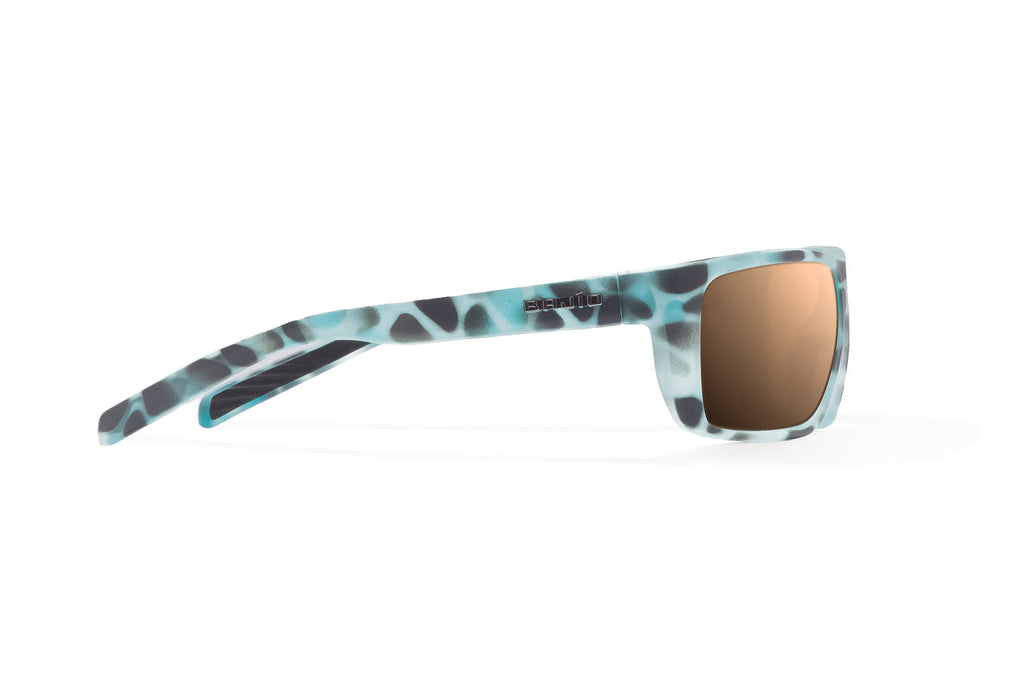 Side view of Light Blue Water Matte Sigs Bajio tight line sunglasses, bio-based nylon frames with copper polarized lenses, full wrap, medium fit, premium built in sun ledge and flex hinges, ideal for fishing and outdoor use.