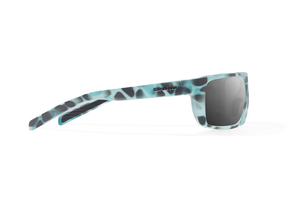 Side view of Light Blue Water Matte Sigs Bajio tight line sunglasses, bio-based nylon frames with gray polarized lenses, full wrap, medium fit, premium built in sun ledge and flex hinges, ideal for fishing and outdoor use.