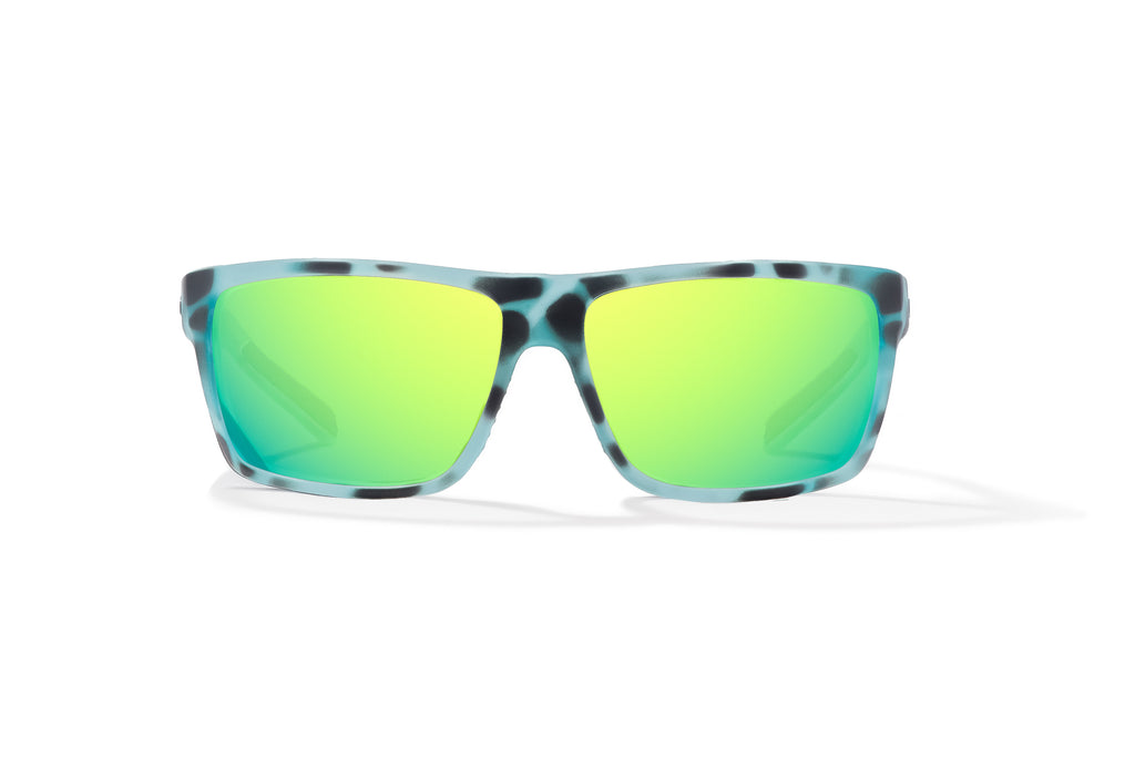 Front view of Light Blue Water Matte Sigs Bajio tight line sunglasses, bio-based nylon frames with green mirror polarized lenses, full wrap, medium fit, premium built in sun ledge and flex hinges, ideal for fishing and outdoor use.