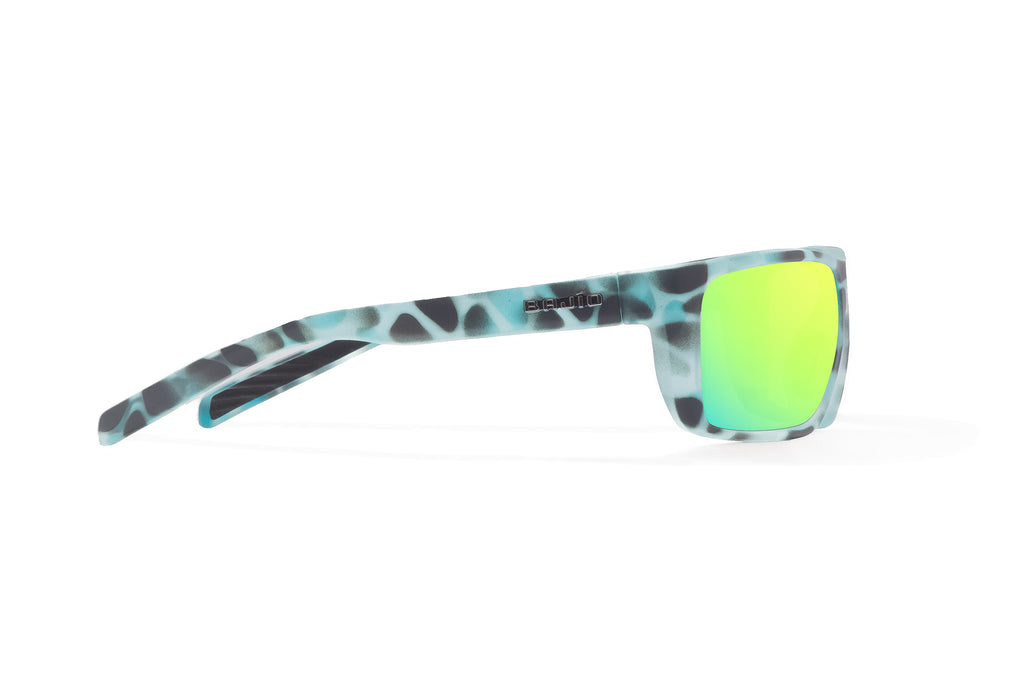 Side view of Light Blue Water Matte Sigs Bajio tight line sunglasses, bio-based nylon frames with green mirror polarized lenses, full wrap, medium fit, premium built in sun ledge and flex hinges, ideal for fishing and outdoor use.