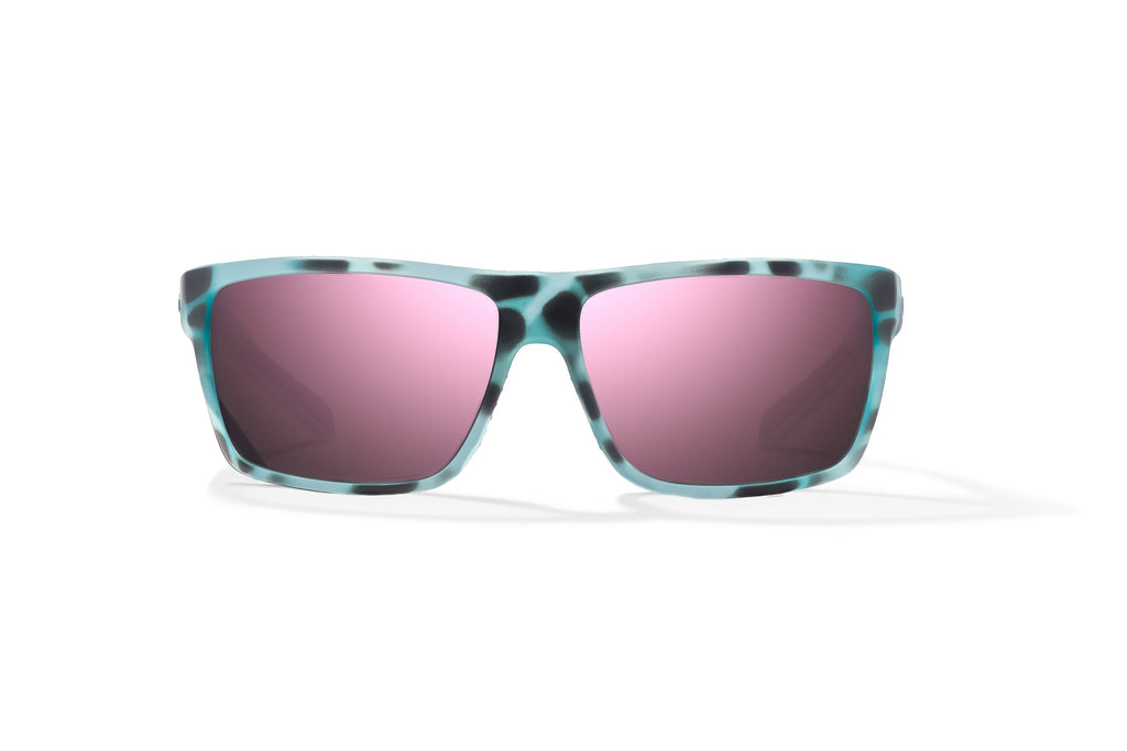 Front view of Light Blue Water Matte Sigs Bajio tight line sunglasses, bio-based nylon frames with rose mirror polarized lenses, full wrap, medium fit, premium built in sun ledge and flex hinges, ideal for fishing and outdoor use.
