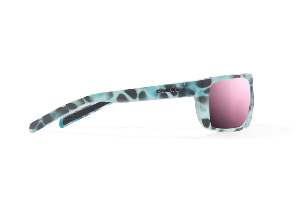 Side view of Light Blue Water Matte Sigs Bajio tight line sunglasses, bio-based nylon frames with rose mirror polarized lenses, full wrap, medium fit, premium built in sun ledge and flex hinges, ideal for fishing and outdoor use.