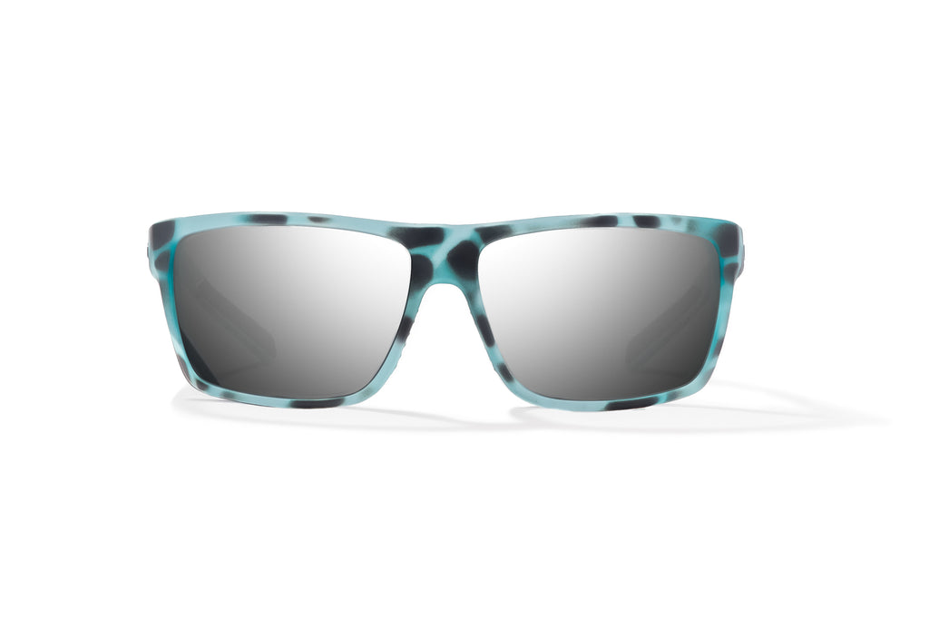 Front view of Light Blue Water Matte Sigs Bajio tight line sunglasses, bio-based nylon frames with silver mirror polarized lenses, full wrap, medium fit, premium built in sun ledge and flex hinges, ideal for fishing and outdoor use.