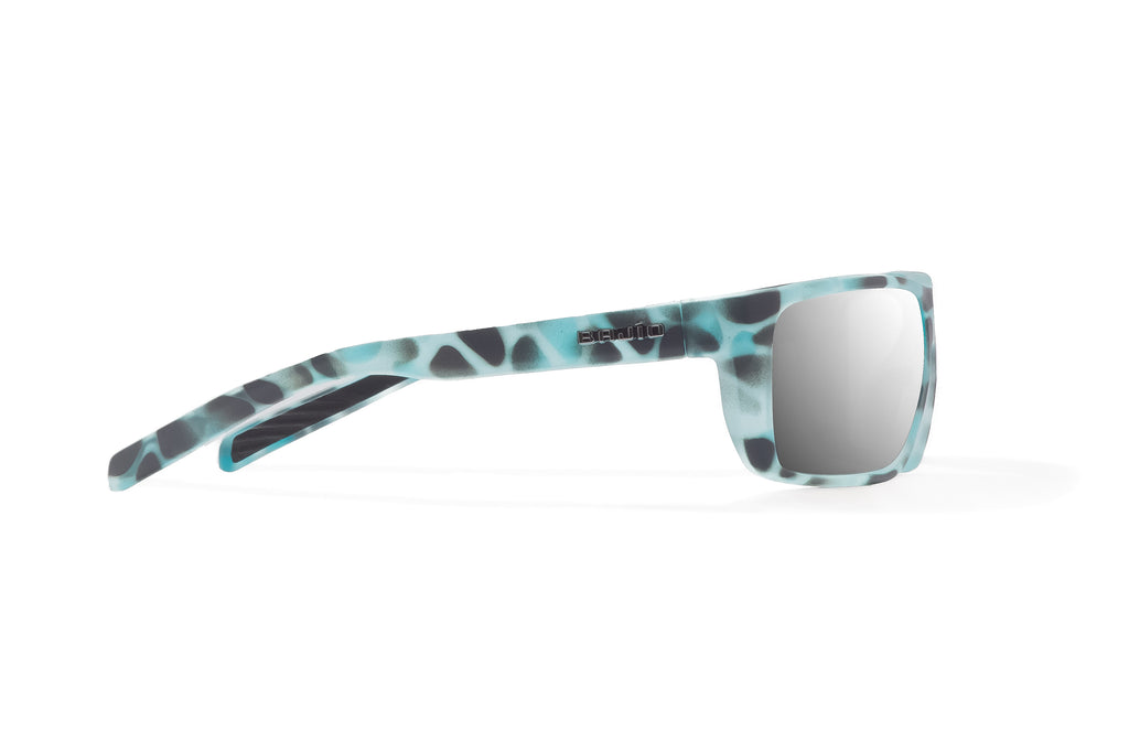 Side view of Light Blue Water Matte Sigs Bajio tight line sunglasses, bio-based nylon frames with silver mirror polarized lenses, full wrap, medium fit, premium built in sun ledge and flex hinges, ideal for fishing and outdoor use.